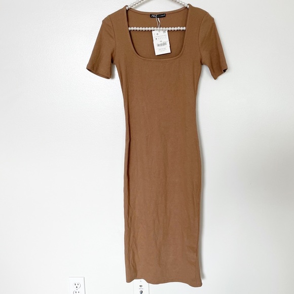 Zara Ribbed Square Neck Bodycon Midi Dress NWT - Picture 3 of 7
